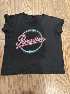 Marc Jacobs Black Tee with Pink 'Paradise' Script and Blue Accent